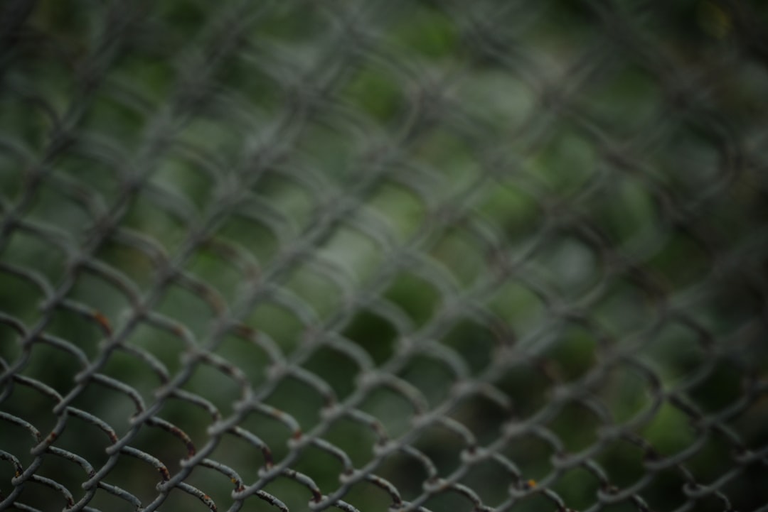 A person looking through a barbed wire fence with blurred figures in the background