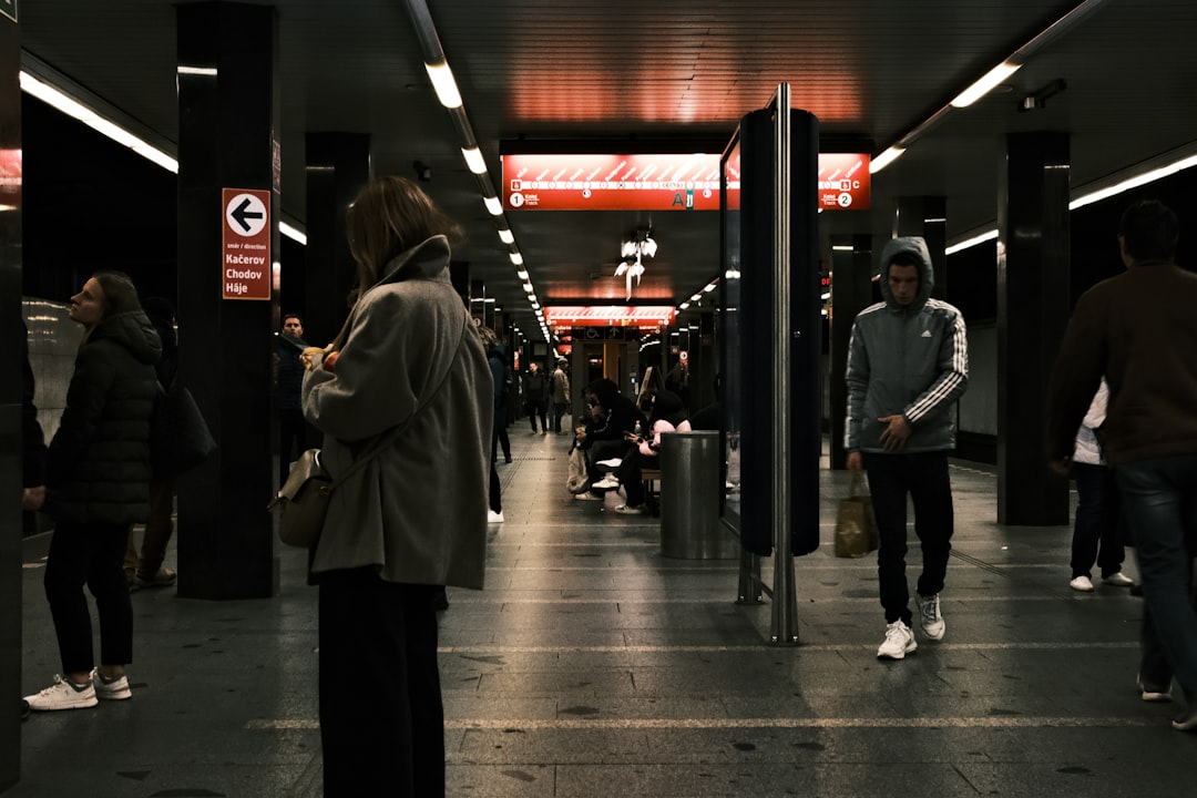 Subway entrance with people walking through